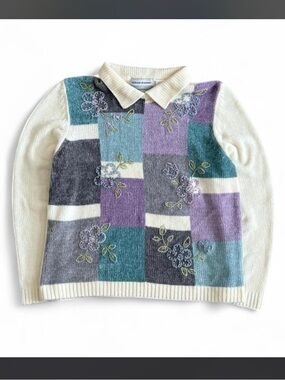 Alfred Dunner Patchwork Floral V-Neck Sweater - Purple, Teal, Gray & Cream